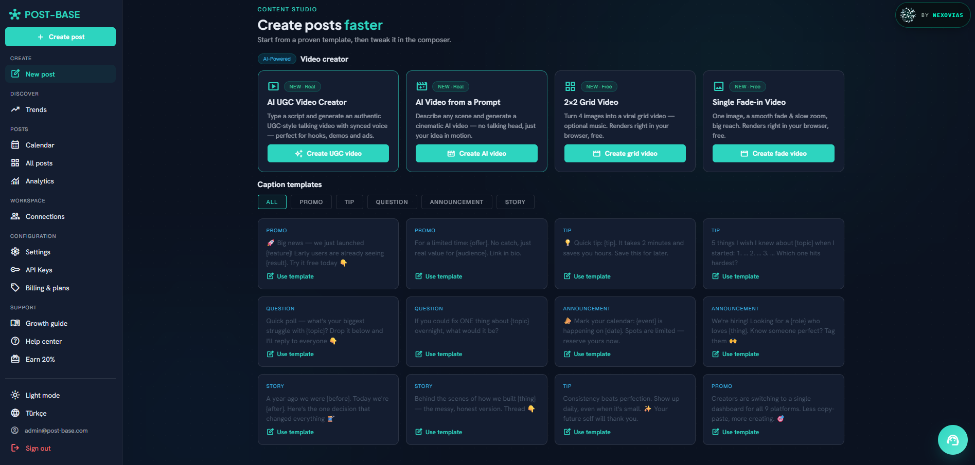 Post Base — sosyal medya üretim ve yayın platformu arayüzü (koyu tema)